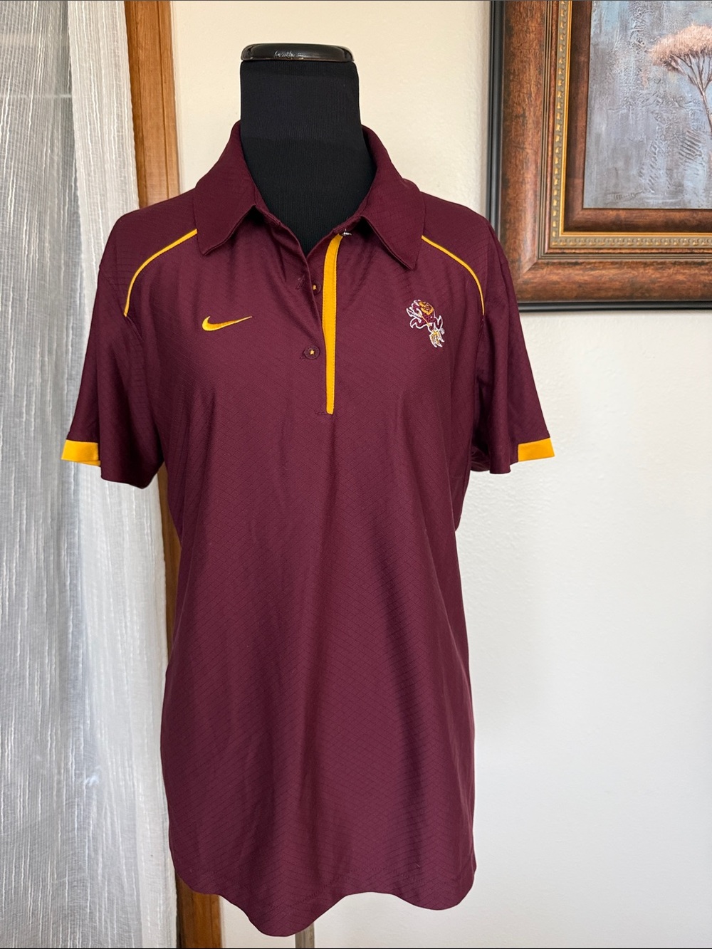 Nike DRI -FIT Maroon ASU Polo with Gold Accents and Embroidered Mascot